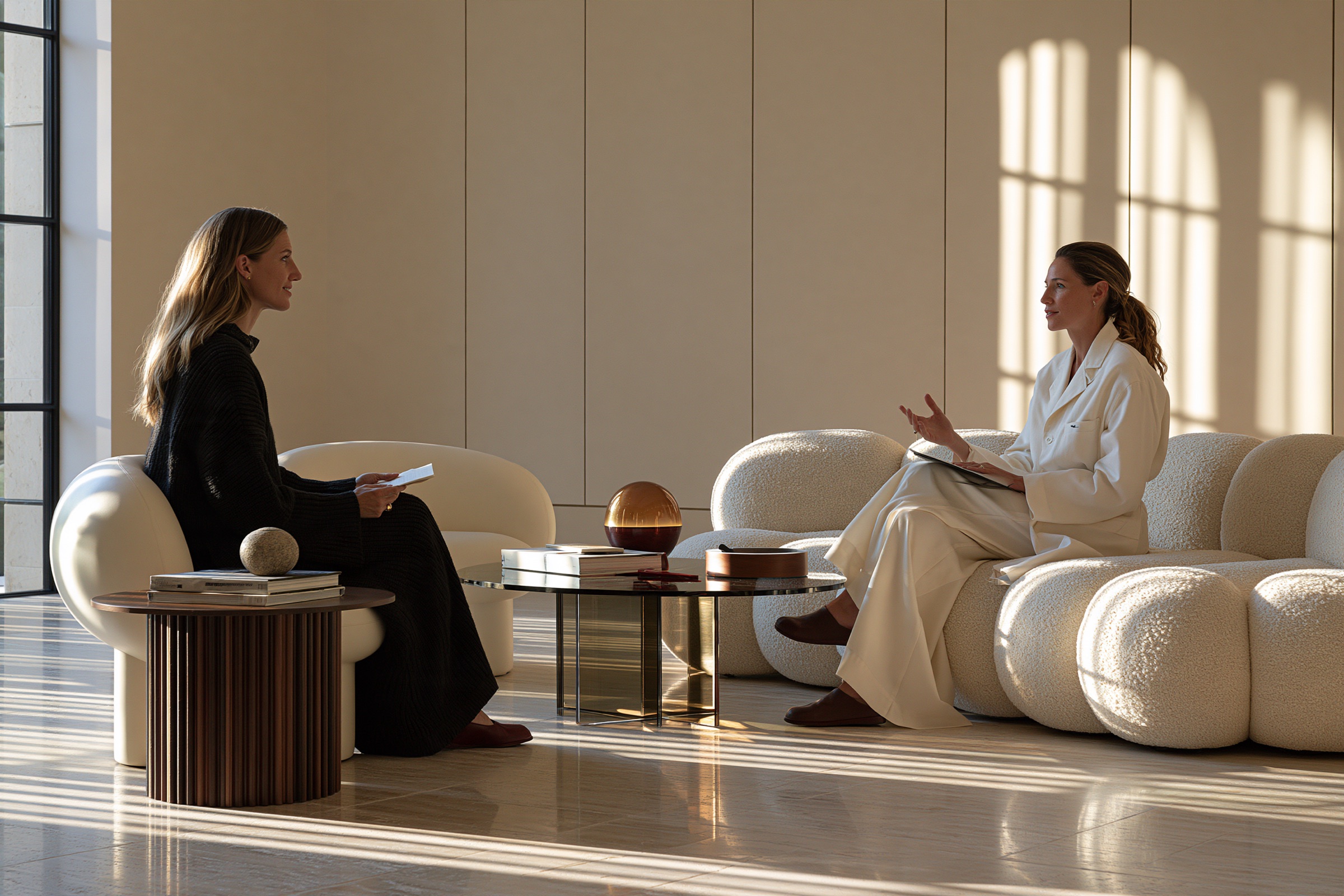 A physician in conversation with a member, on boucle sofas in arched window light