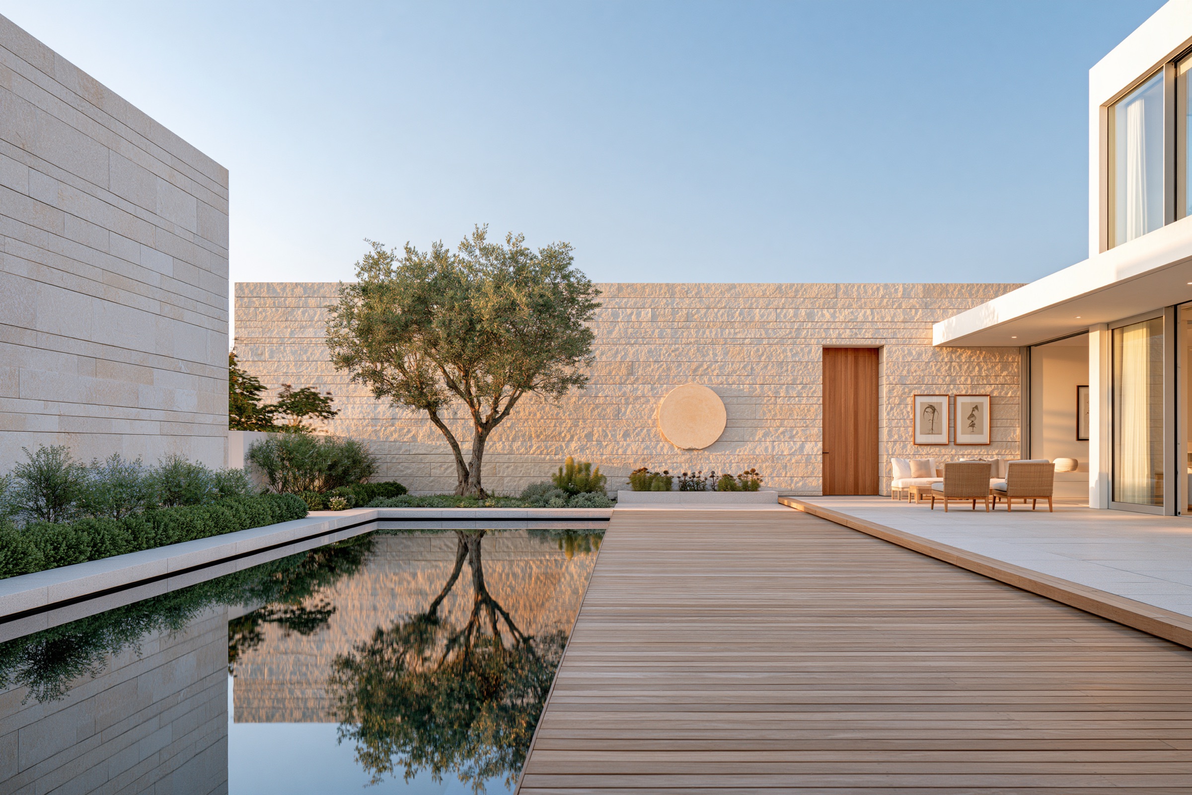 Limestone courtyard with an olive tree and a reflecting pool in morning light