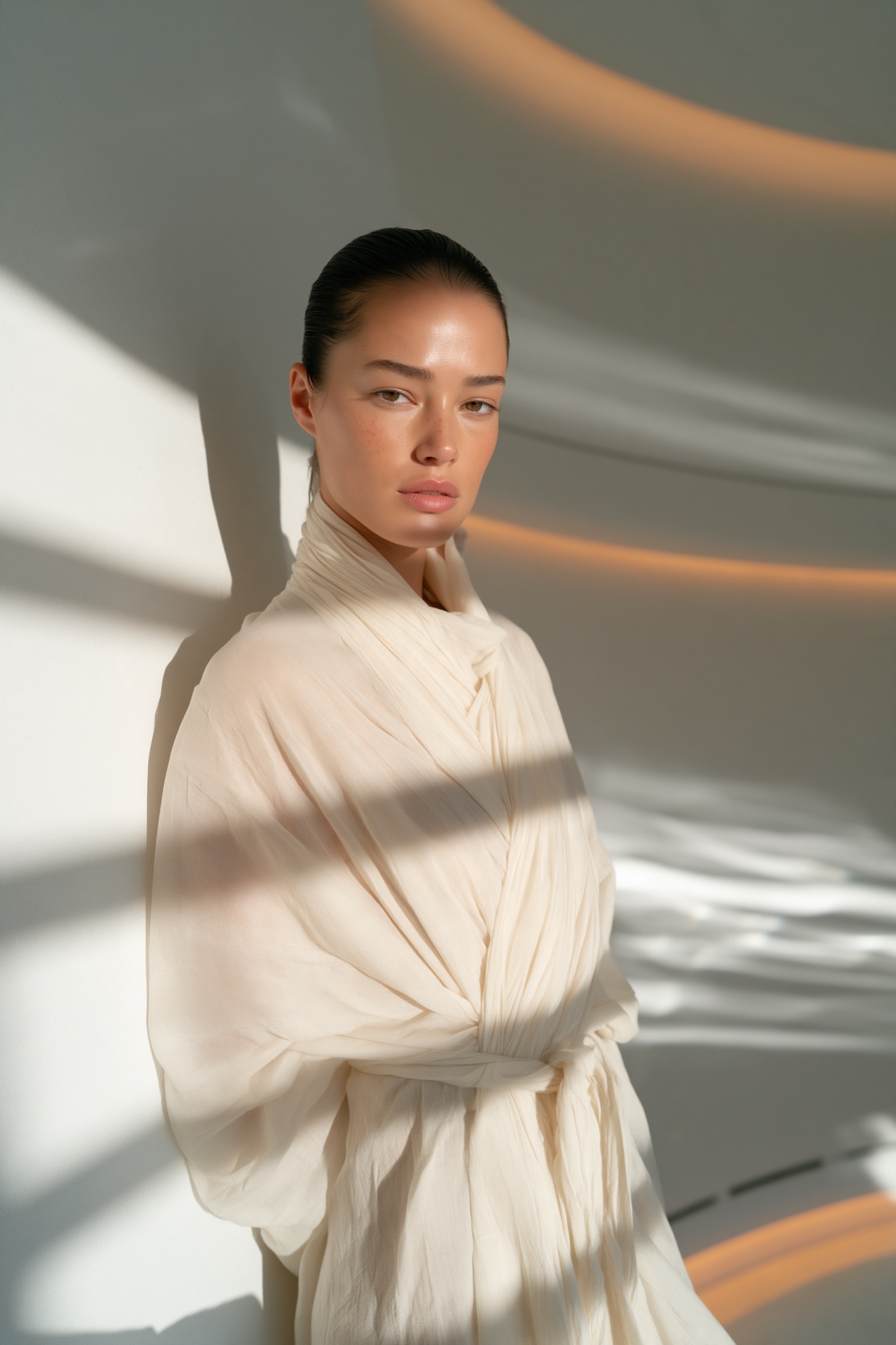 A member standing in an ivory linen robe against a pale wall, in raking light