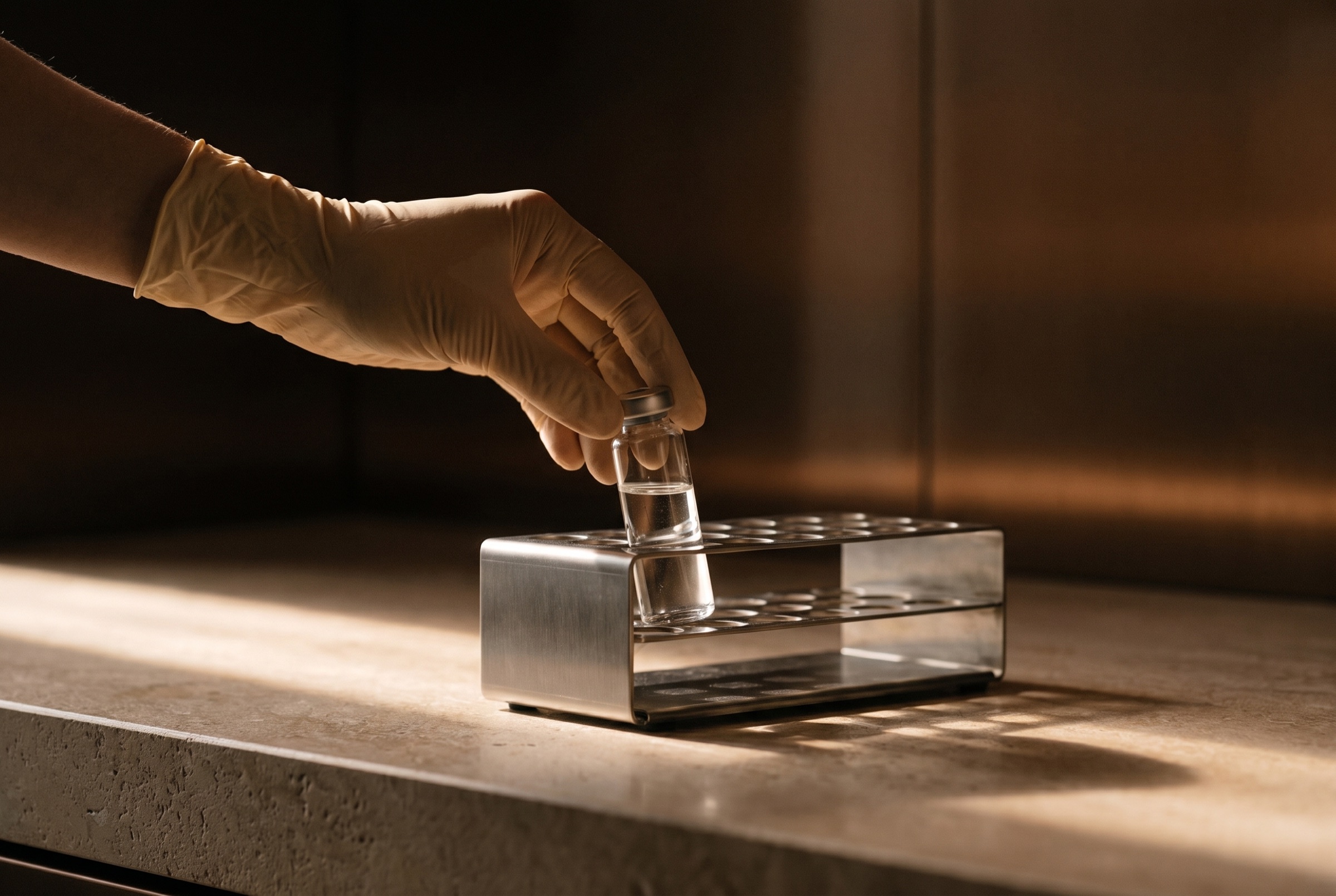 A gloved hand places a glass vial in a steel rack under raking light