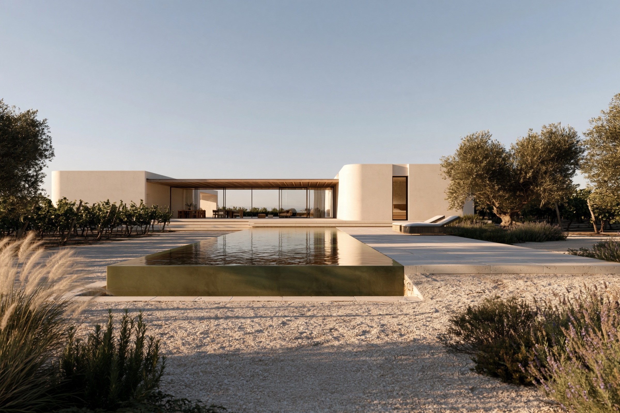 Low white pavilion behind a reflecting pool, gravel and olive trees, in late light