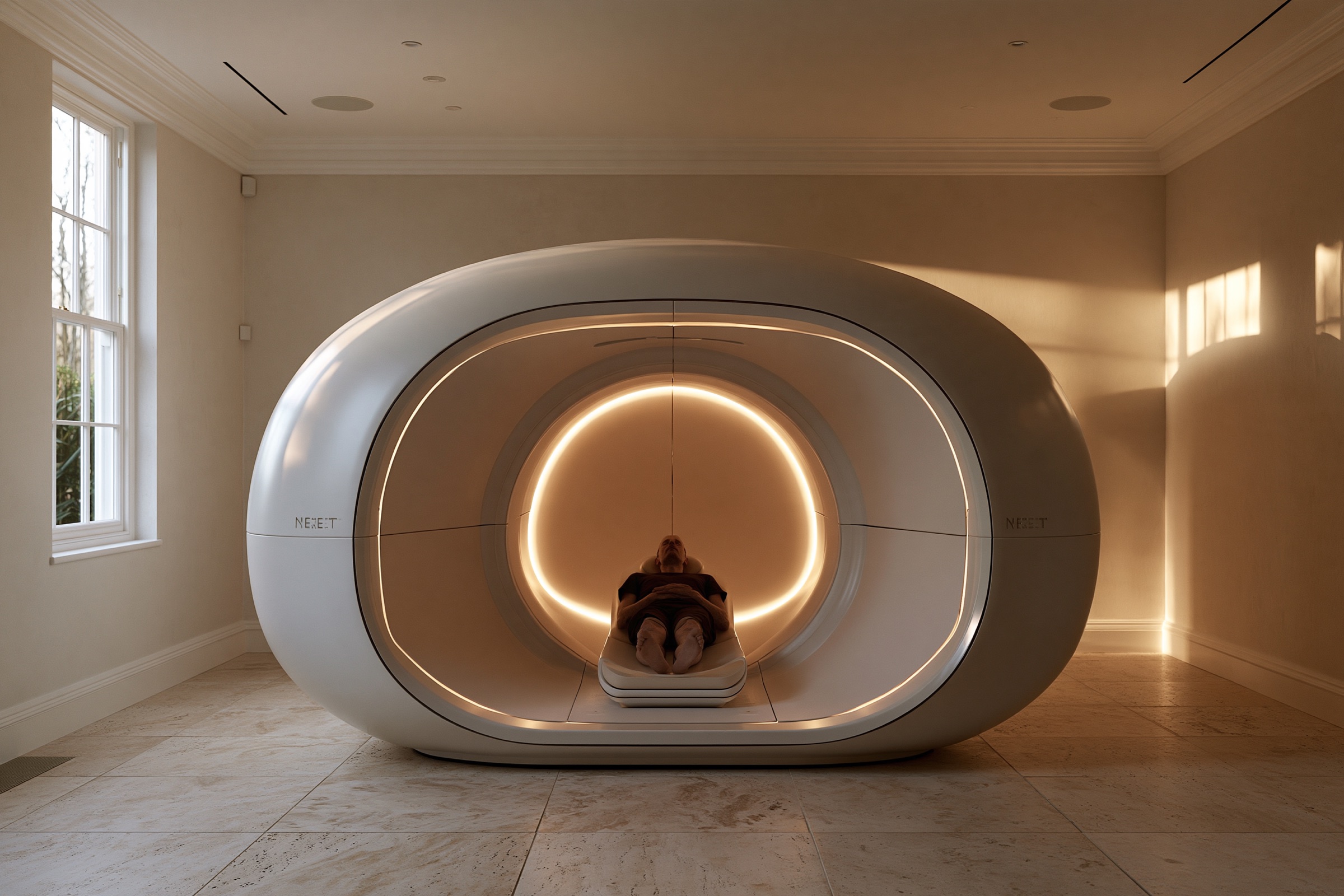 White capsule body scanner lit warm from inside, in a room with a sash window