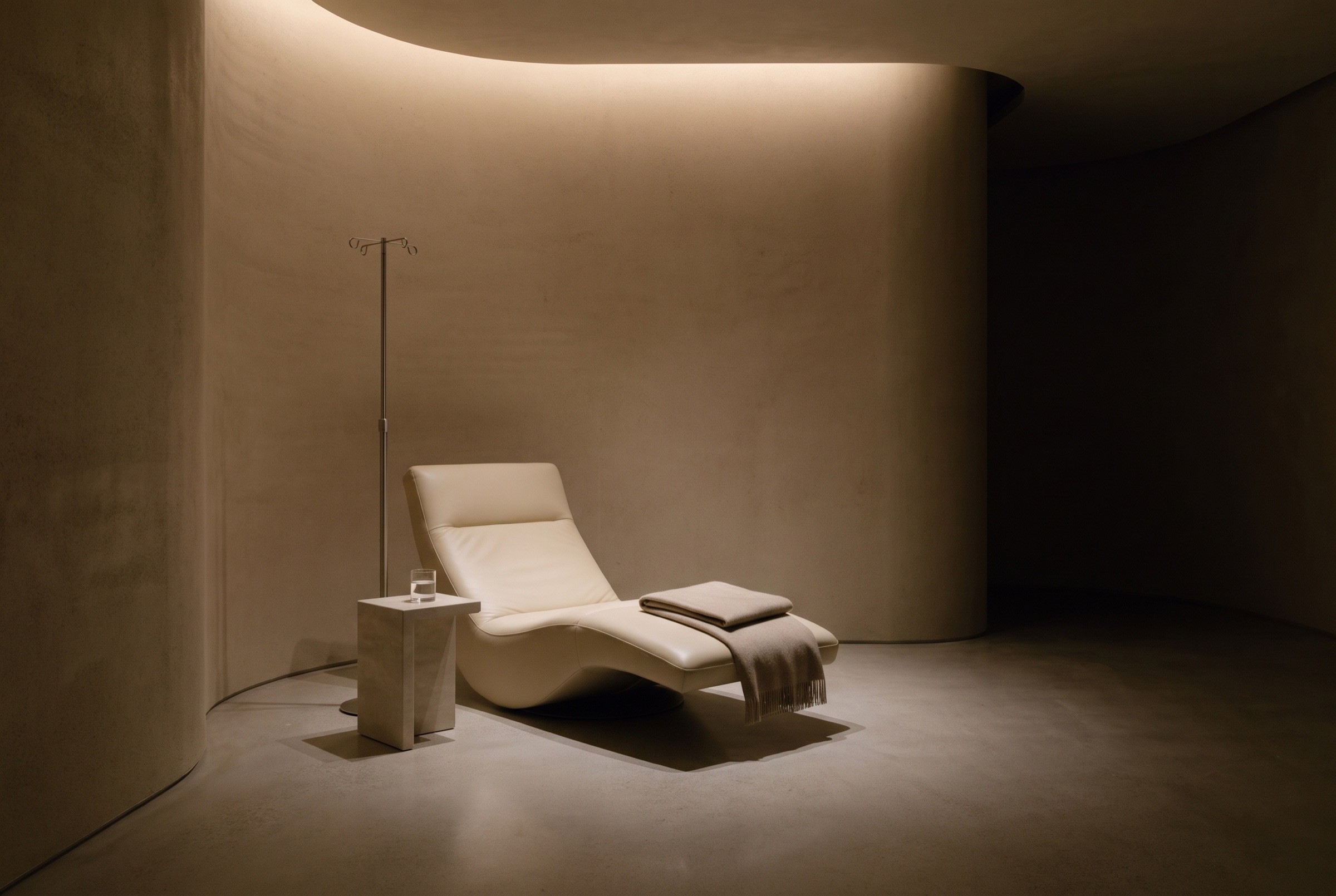 Cream leather recliner beside an infusion stand in a softly lit stone room